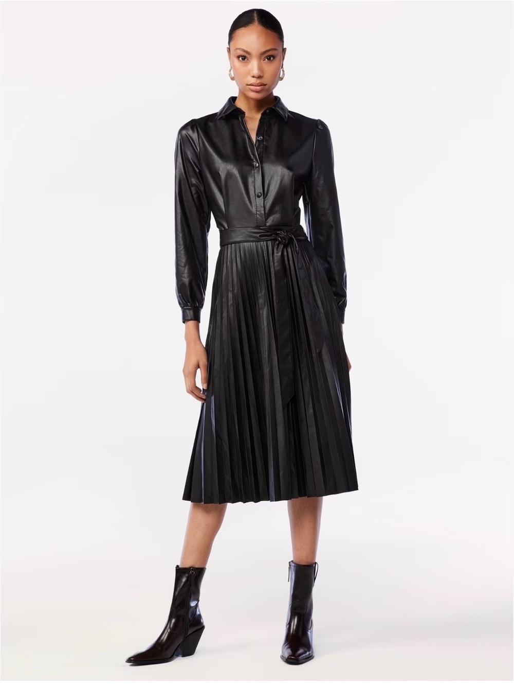 Faux-Leather Black Pleated Midi Shirt Dress with Waist Tie